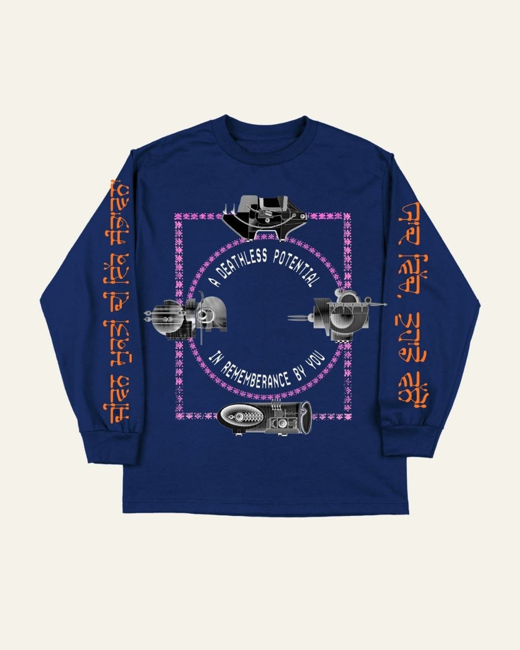 Front of the navy long-sleeve: four sculptures circle the title A Deathless Potential in Remembrance by You, with orange Gurmukhi on both sleeves