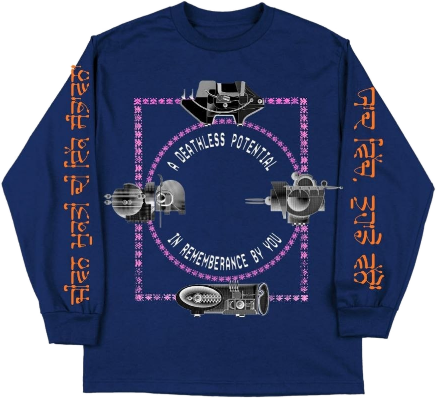 Navy long-sleeve tee, front print