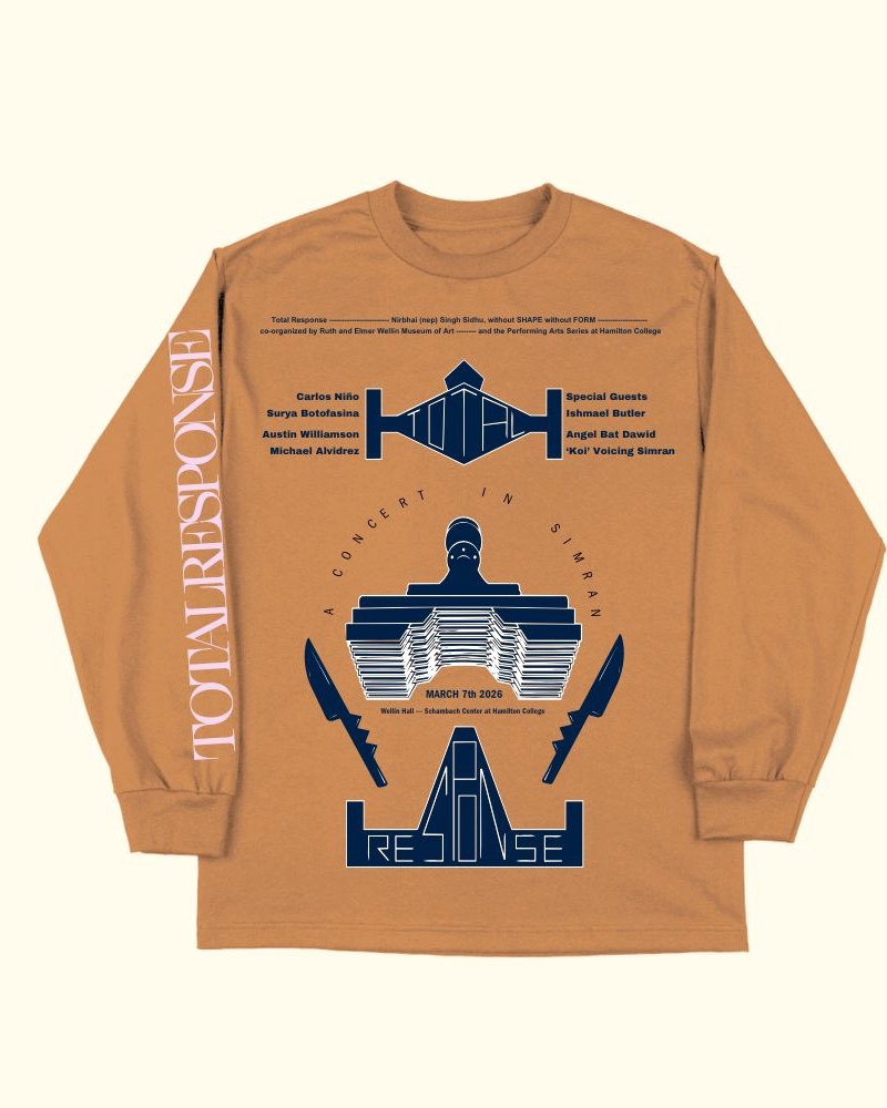 Front of the camel long-sleeve: the Total Response concert lineup in navy, with TOTAL RESPONSE down the sleeve in pink